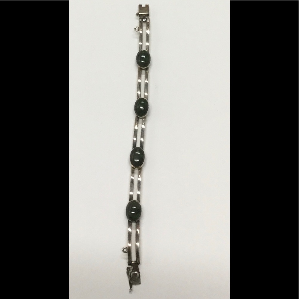Taxco Sterling 8” Link and Green Stone Bracelet